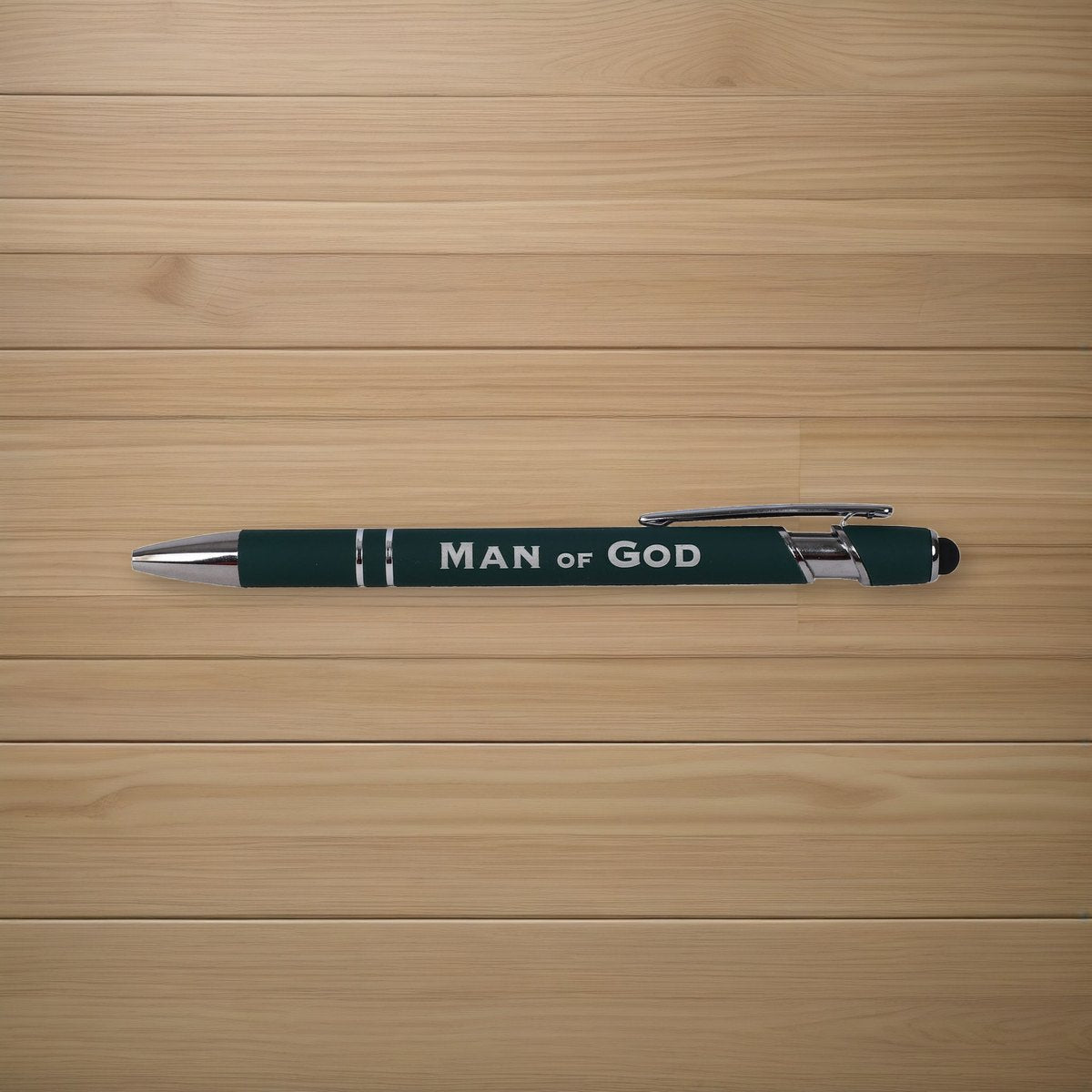 Gift Pen Soft Touch Man of God Green on oak boards