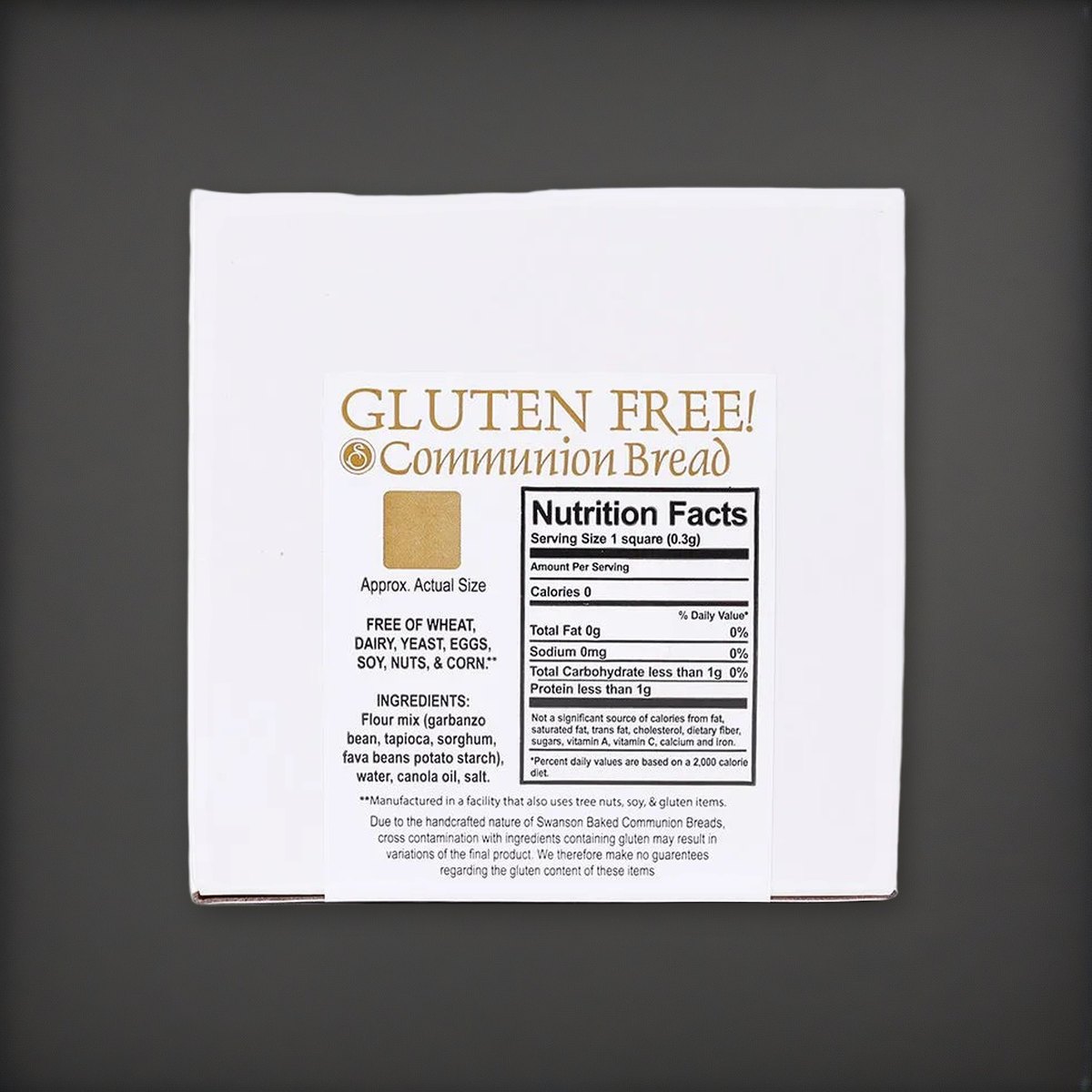 Gluten-Free Communion Bread - Box of 200 Pieces - Resealable Bag on a charcoal backdrop
