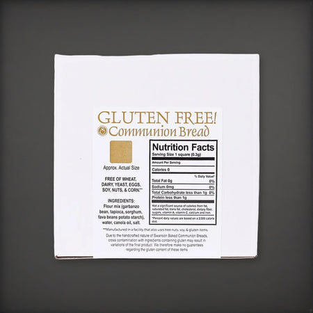 Gluten-Free Communion Bread - Box of 200 Pieces - Resealable Bag on a charcoal backdrop