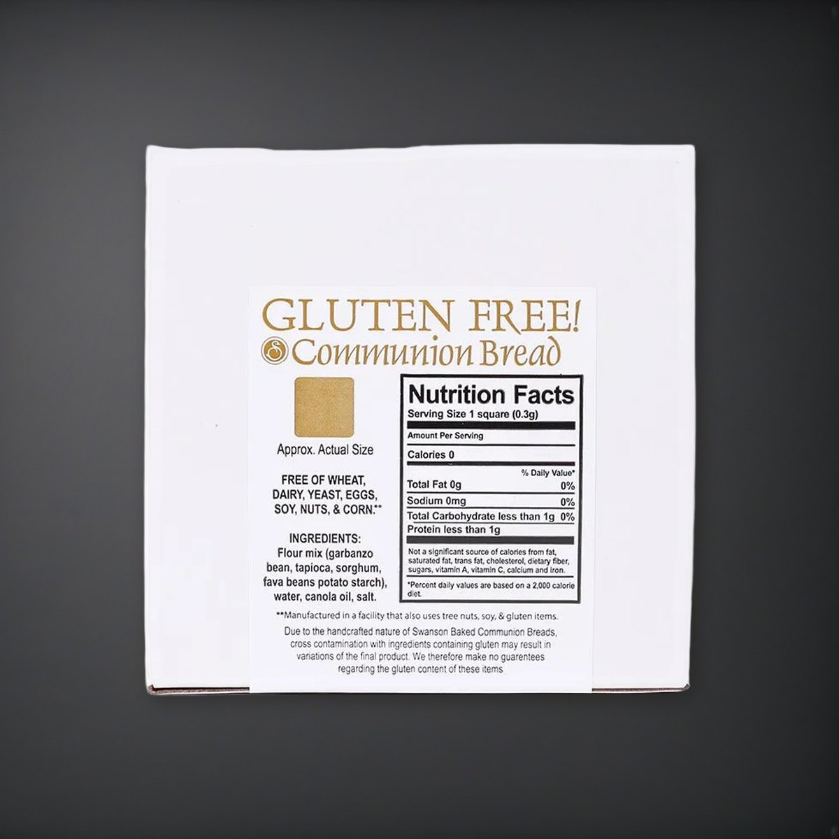 Gluten-Free Communion Bread - Box of 200 Pieces - Resealable Bag on a charcoal backdrop