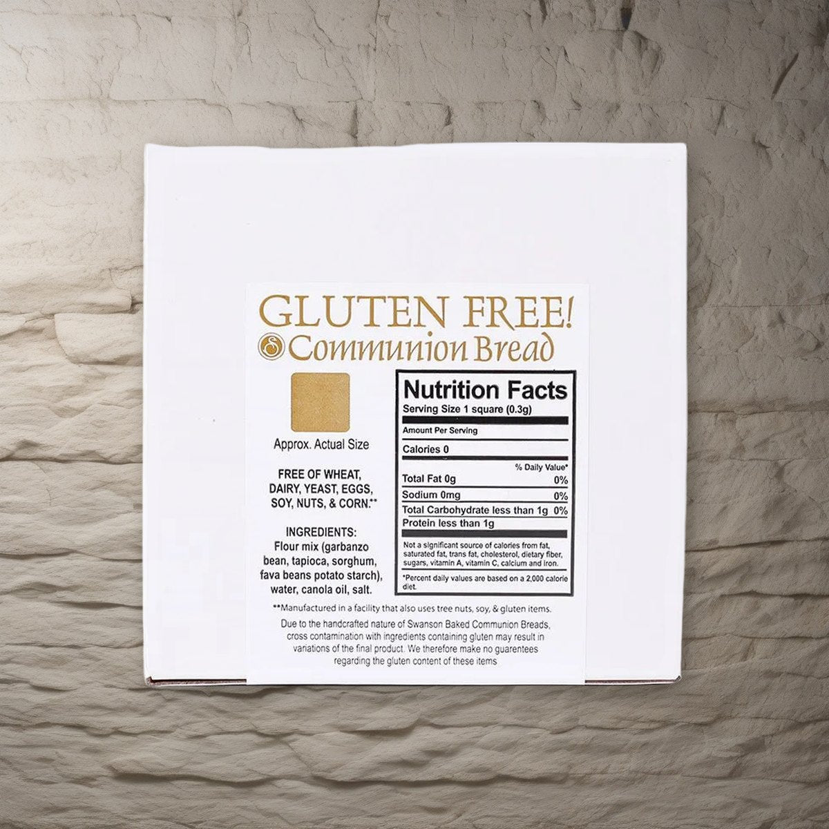 Gluten-Free Communion Bread - Box of 200 Pieces - Resealable Bag on a stone background