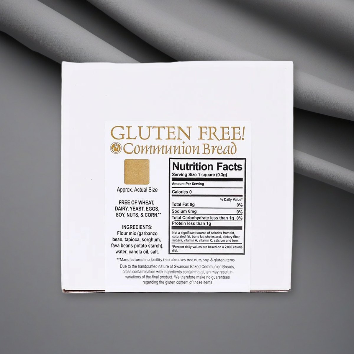 Gluten-Free Communion Bread - Box of 200 Pieces - Resealable Bag on a soft grey backdrop