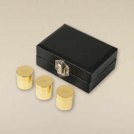Holy Oil Stock Set of 3 in Case, Polished Brass on a cream backdrop