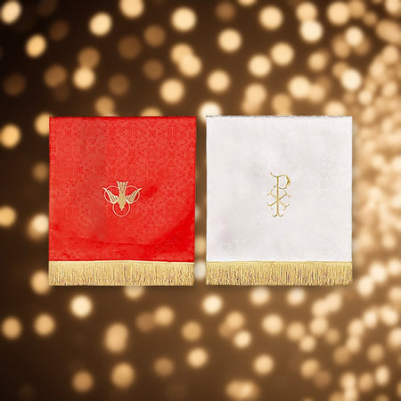 Jacquard Reversible Pulpit Scarf with Dove: Red/White against soft golden light
