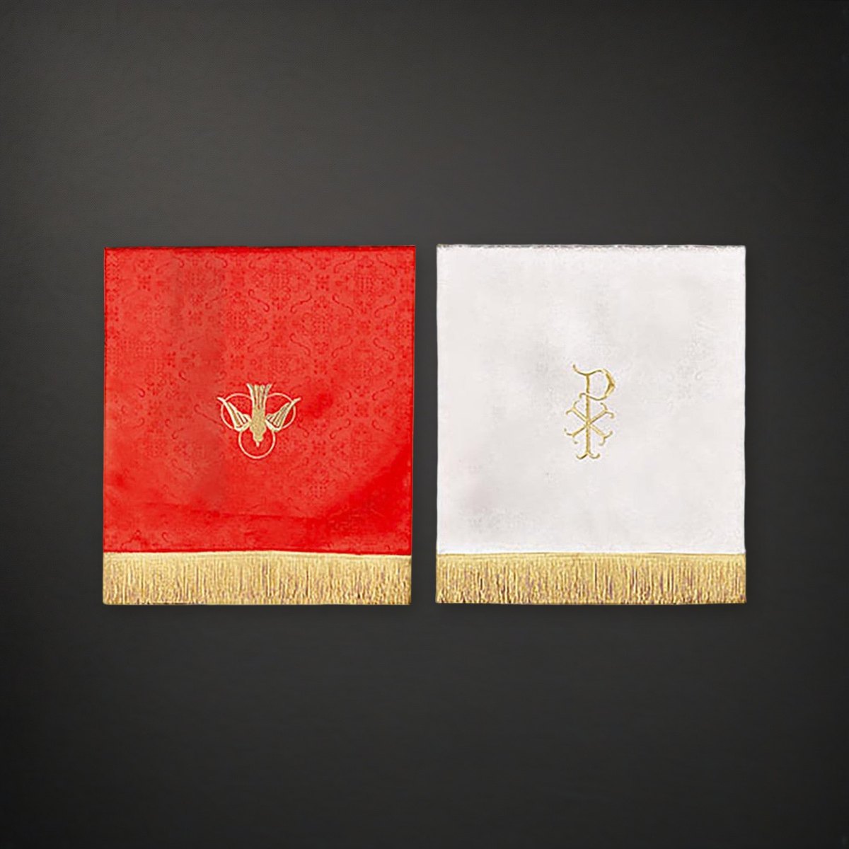 Jacquard Reversible Pulpit Scarf with Dove: Red/White on a charcoal backdrop