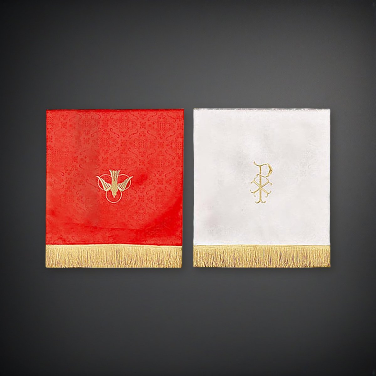 Jacquard Reversible Pulpit Scarf with Dove: Red/White on a charcoal backdrop