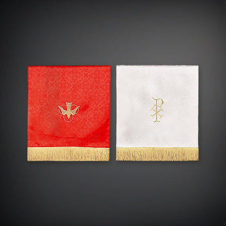 Jacquard Reversible Pulpit Scarf with Dove: Red/White on a charcoal backdrop