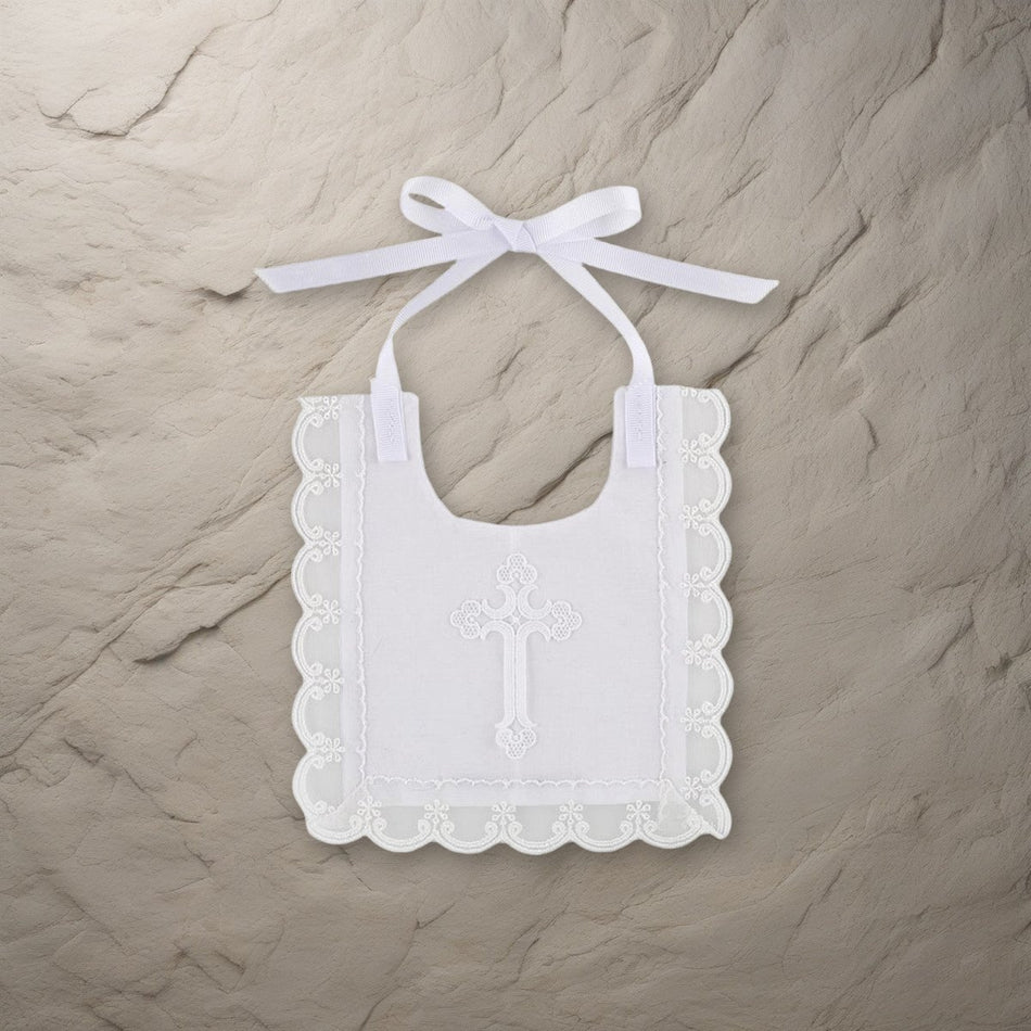 Laced-Trim Baptismal Bib - Pack of 6 on a stone background
