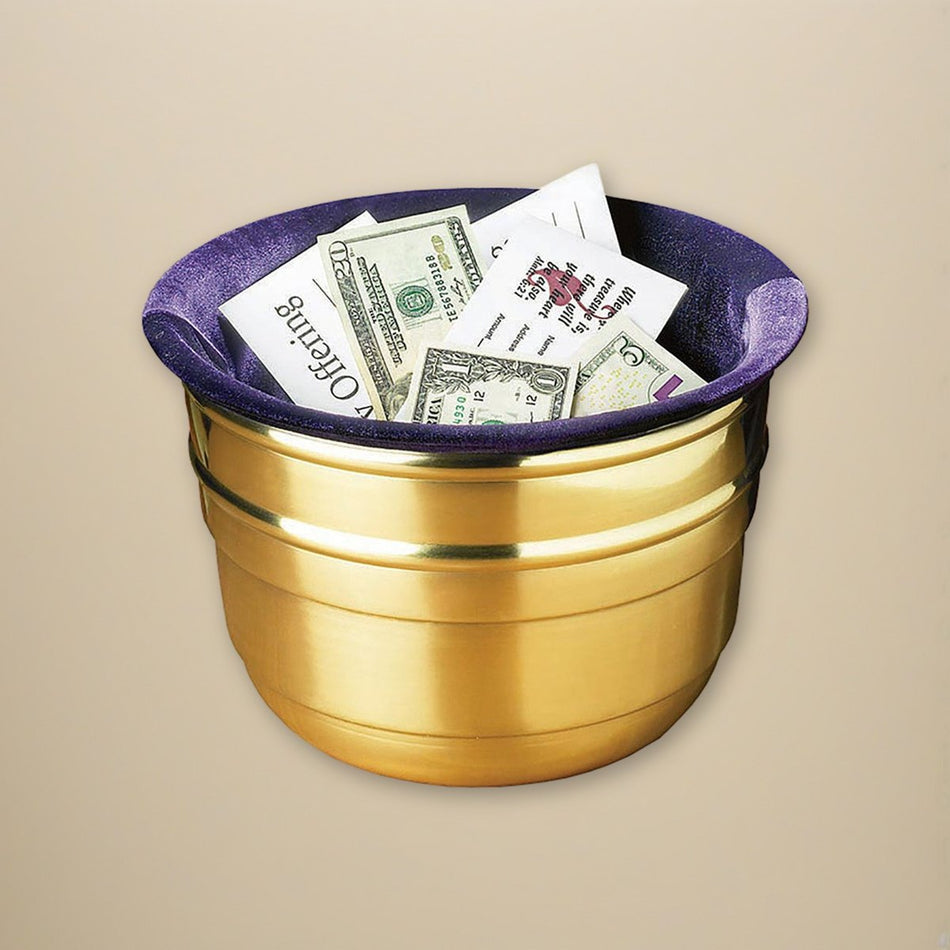 Large Lenten Offering Pot with Purple Bag on a cream backdrop