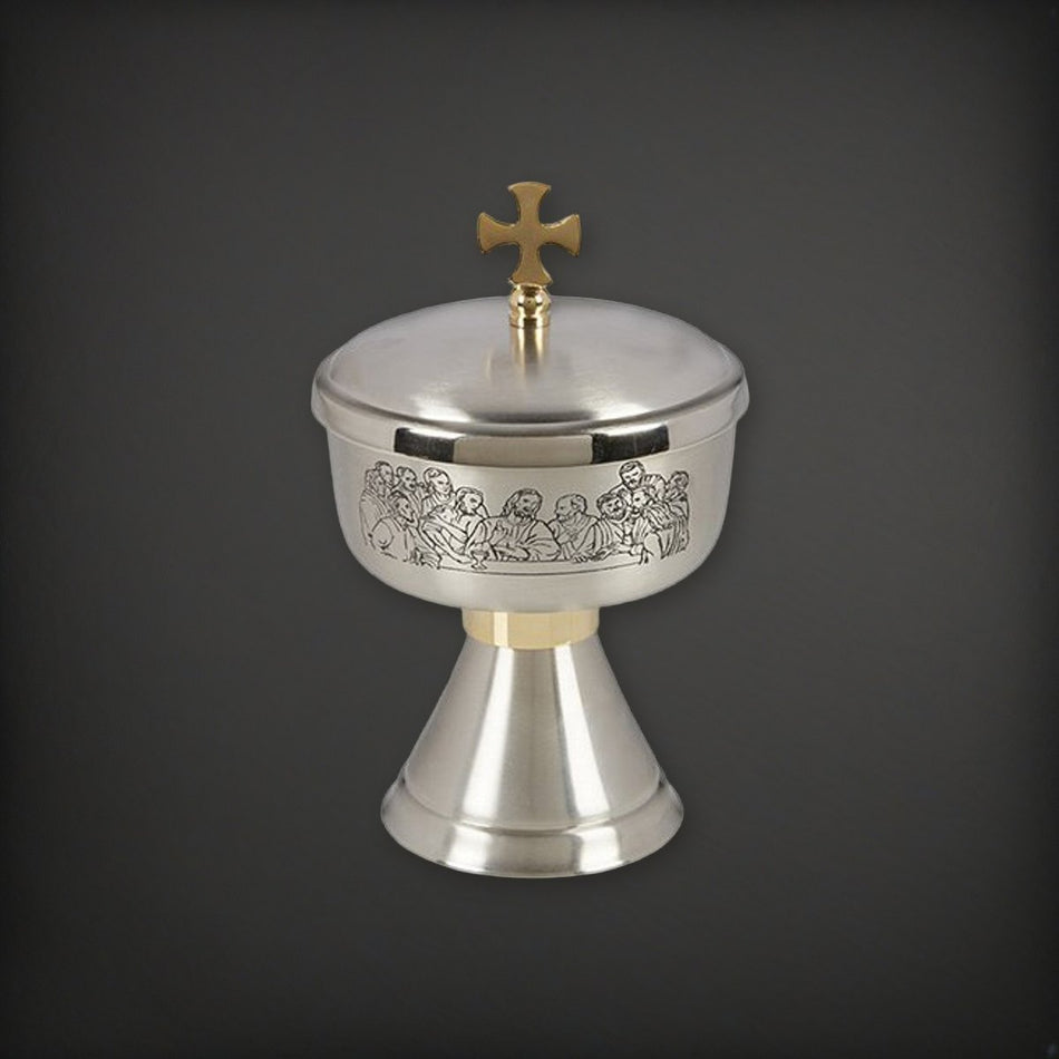 Last Supper Etched Ciborium with Cross Cover on a charcoal backdrop
