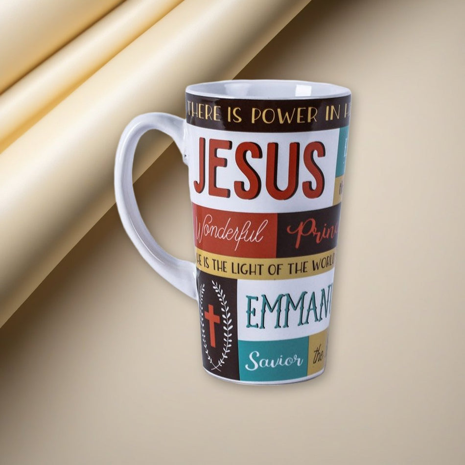 Latte Mug - Names Of Jesus - 16 oz on a cream backdrop