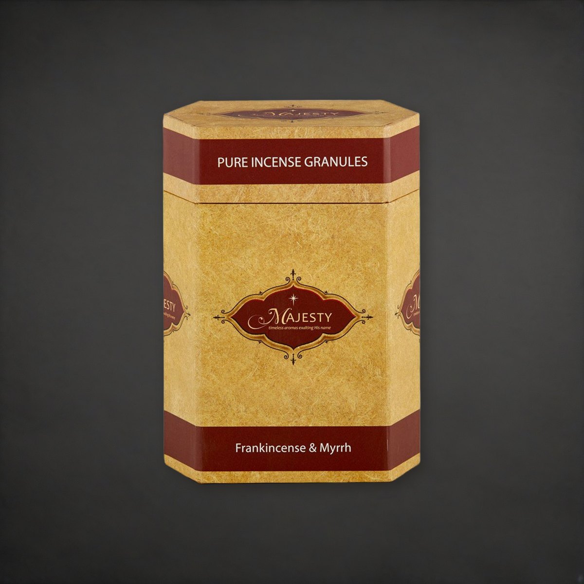 Majesty Incense | Frankincense & Myrrh | 1 lb Container on a charcoal backdrop