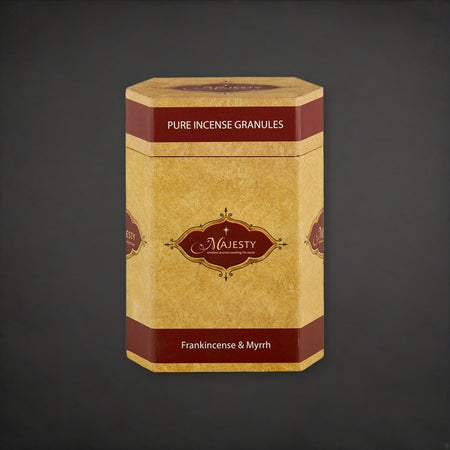 Majesty Incense | Frankincense & Myrrh | 1 lb Container on a charcoal backdrop