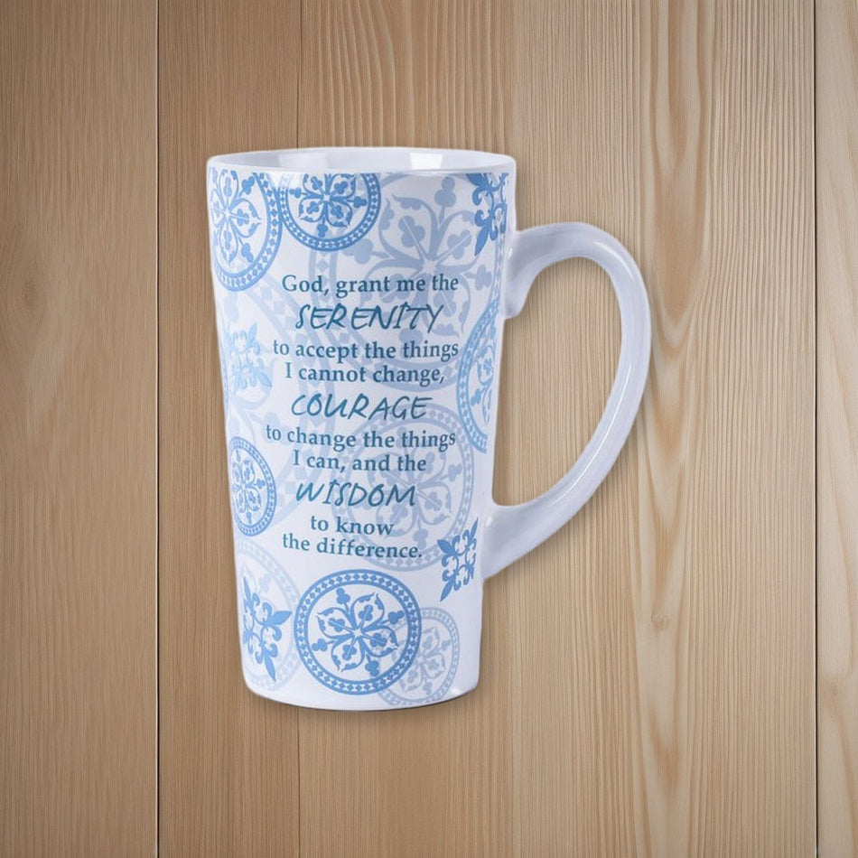 Mug Latte Serenity Courage Wisdom 16Oz on oak boards