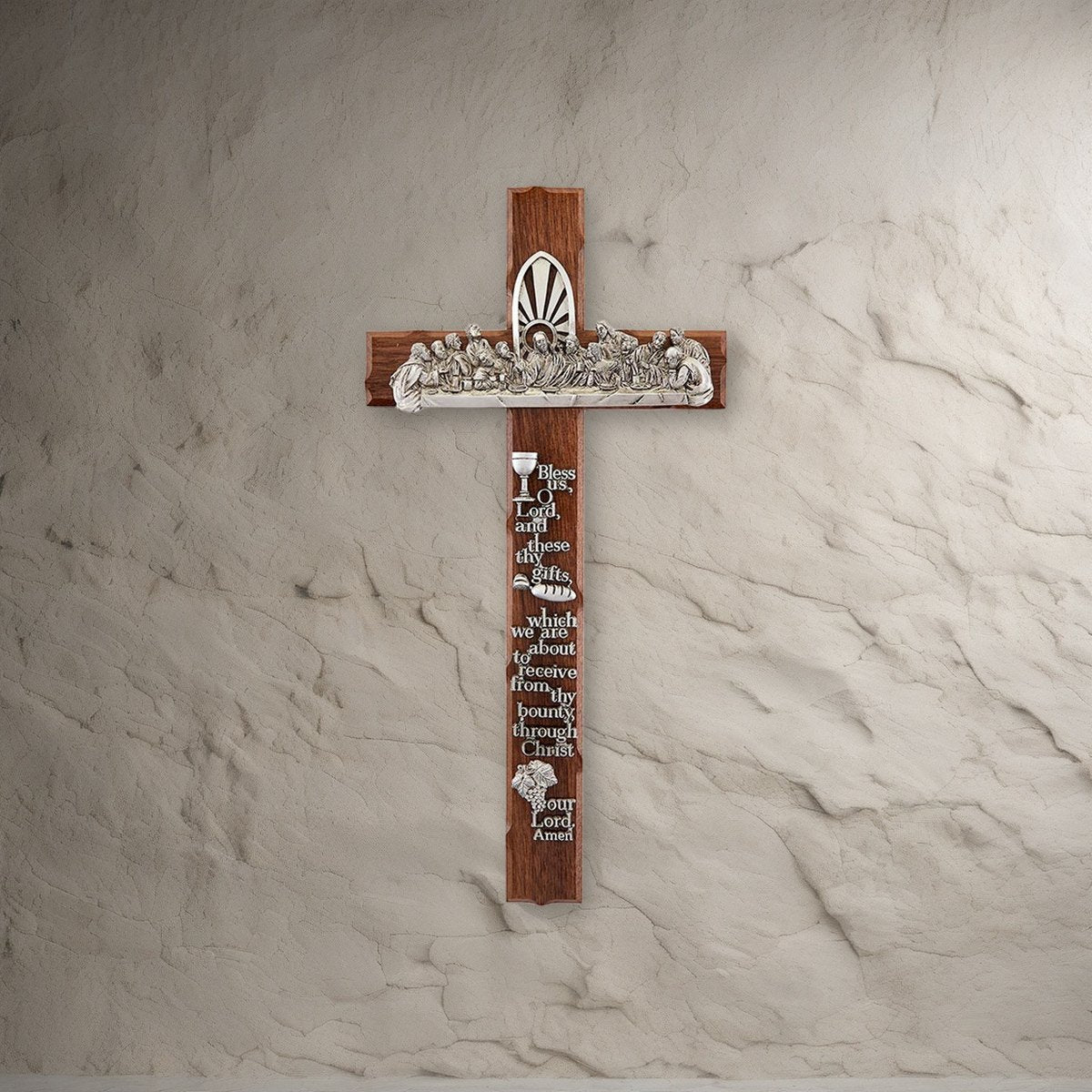 Notched Last Supper Cross on a stone background