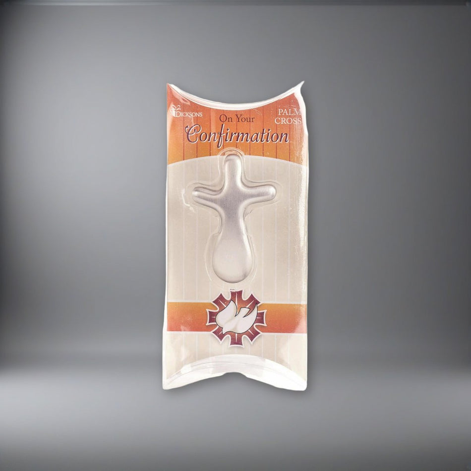 On Your Confirmation Silver Tone 2.5 inch Zinc Alloy Metal Palm Cross Figurine on a soft grey backdrop