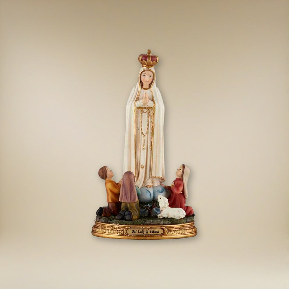 Our Lady of Fatima with Children Statue on a cream backdrop