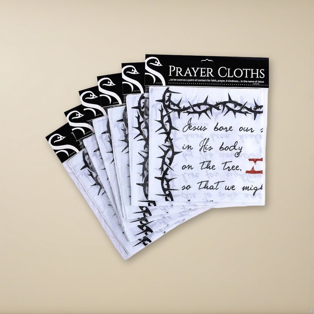 Prayer Cloth Cross/Thorns 1 Peter 2:24 Pack of 6 on a cream backdrop