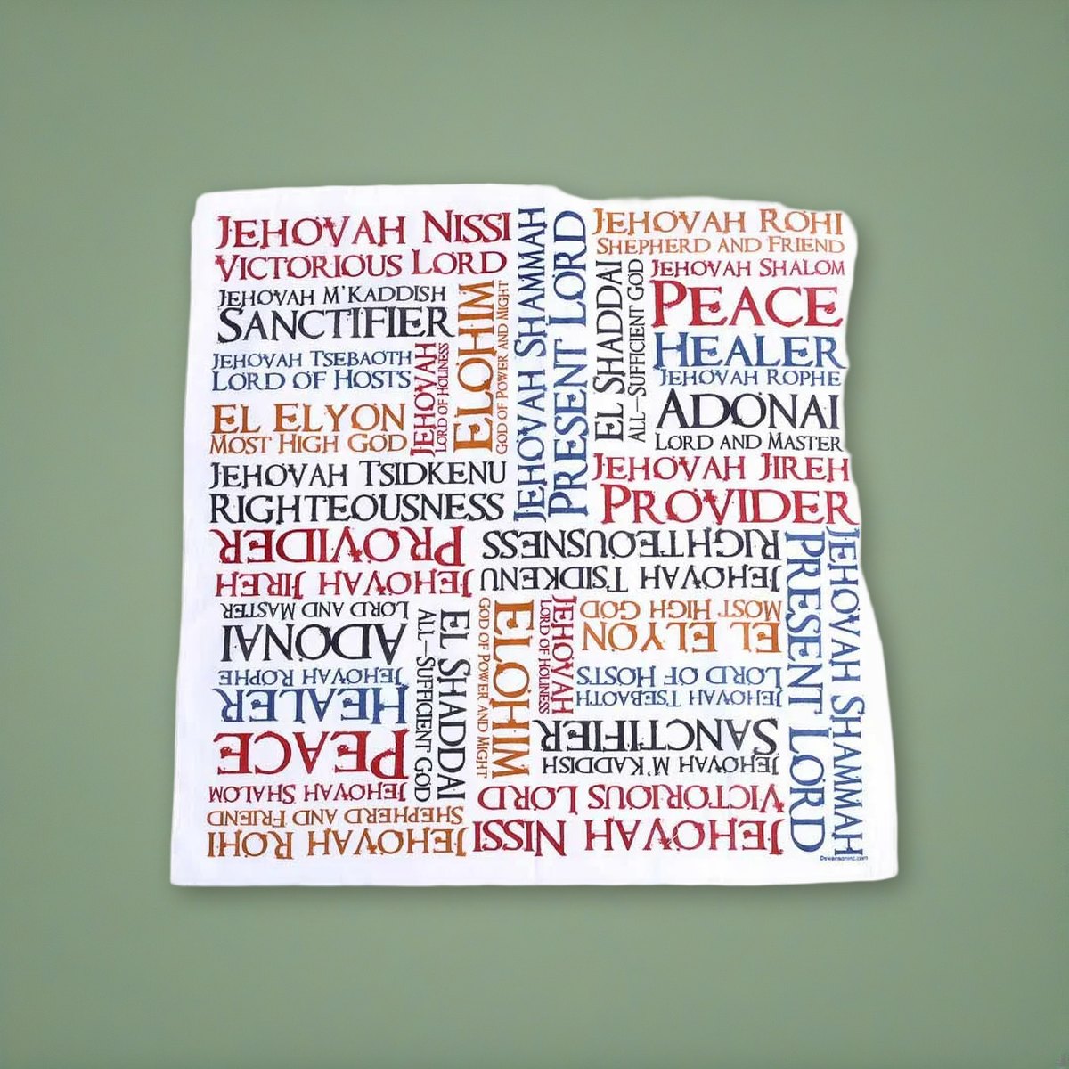 Prayer Cloth Names Of God Pack of 6 on a sage green backdrop