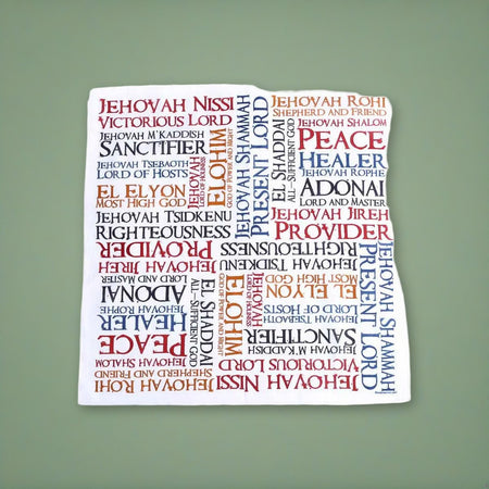 Prayer Cloth Names Of God Pack of 6 on a sage green backdrop