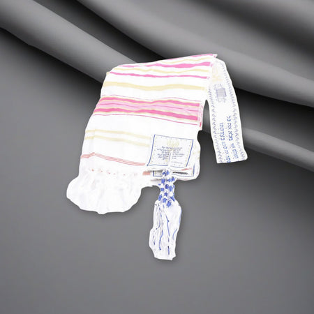 Prayer Shawl - Gold and Pink - Traditional Messianic with Tallit on a soft grey backdrop