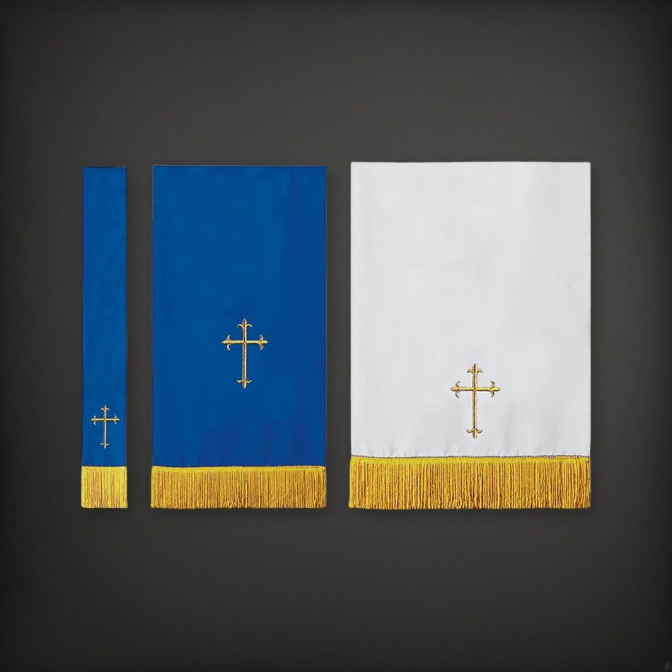Reversible Parament Blue/White Set on a charcoal backdrop