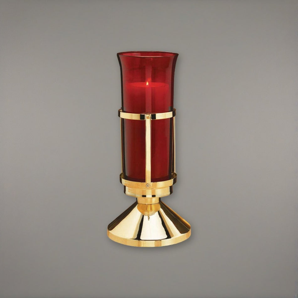 Sanctuary Lamp with Ruby Sanctuary Globe on a soft grey backdrop