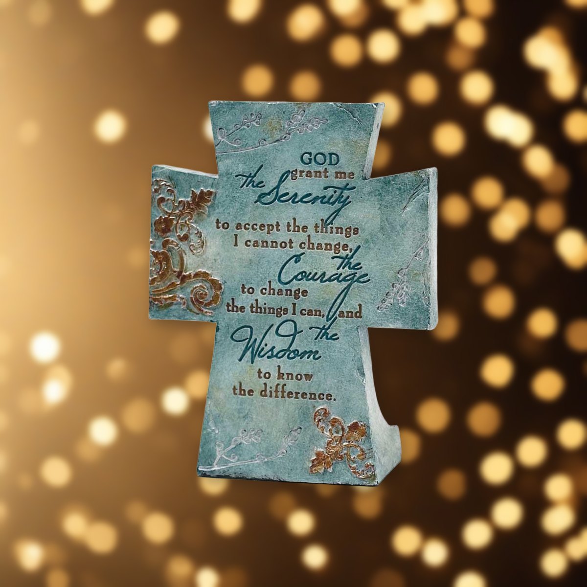 Serenity Prayer Tabletop Cross against soft golden light