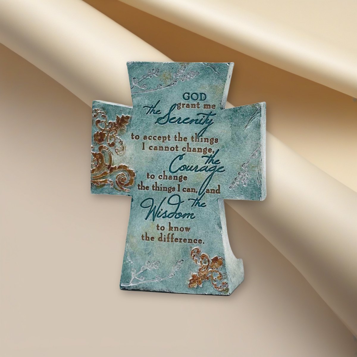 Serenity Prayer Tabletop Cross on a cream backdrop
