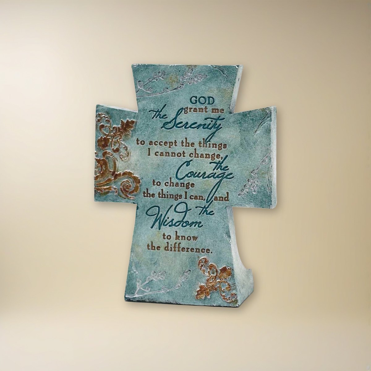 Serenity Prayer Tabletop Cross on a cream backdrop