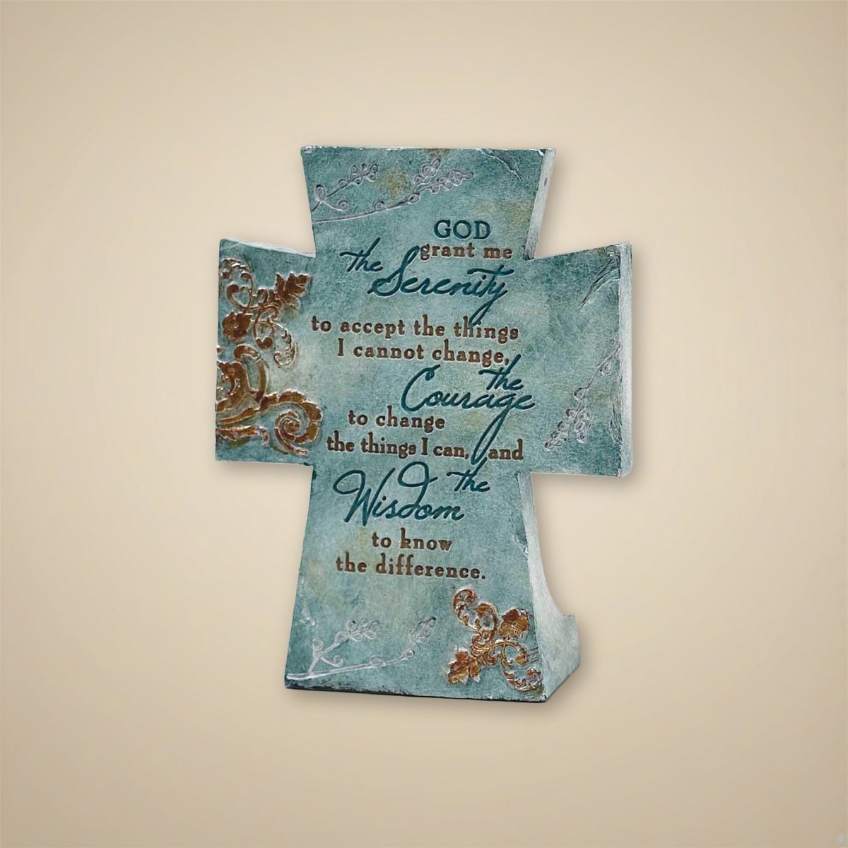 Serenity Prayer Tabletop Cross on a cream backdrop