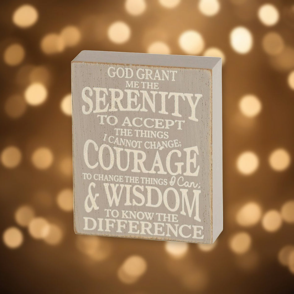 Serenity Prayer Tabletop Wood Block against soft golden light