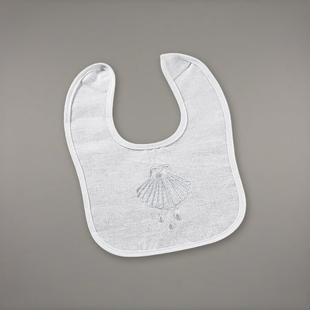 Shell & Water Embroidered Baptismal Bib 12/pk on a soft grey backdrop