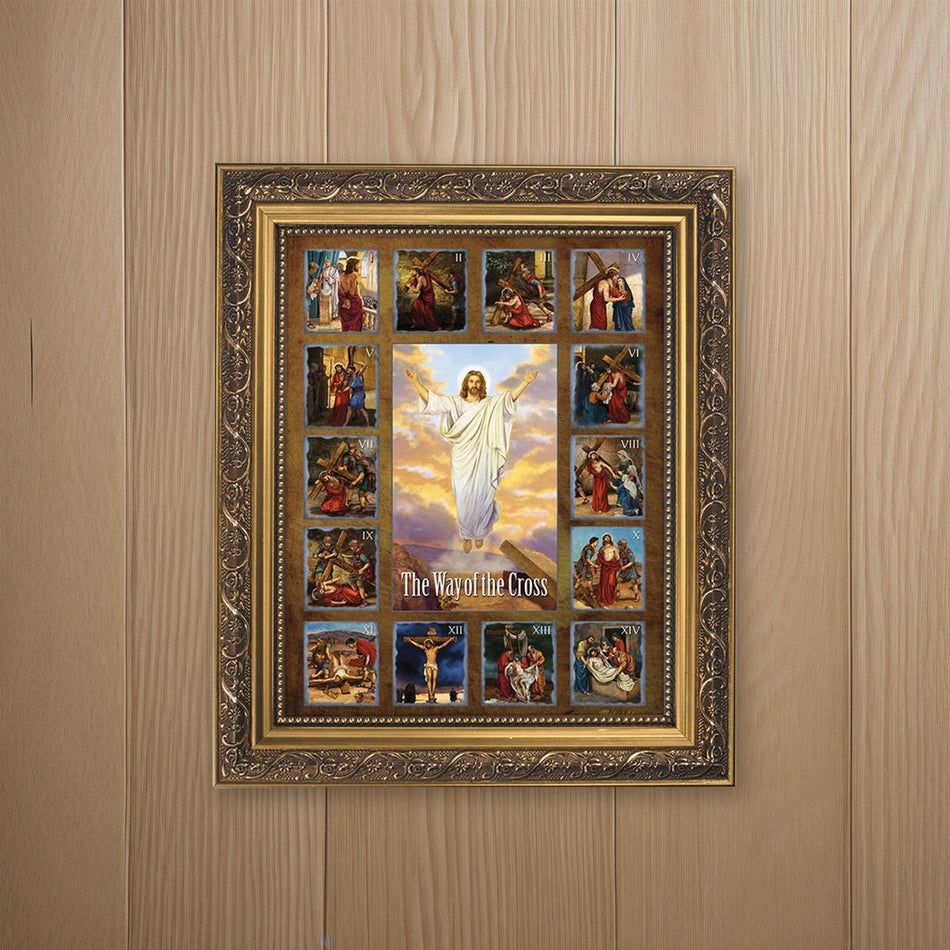 Stations of the Cross Gold Tone Framed Print on oak boards