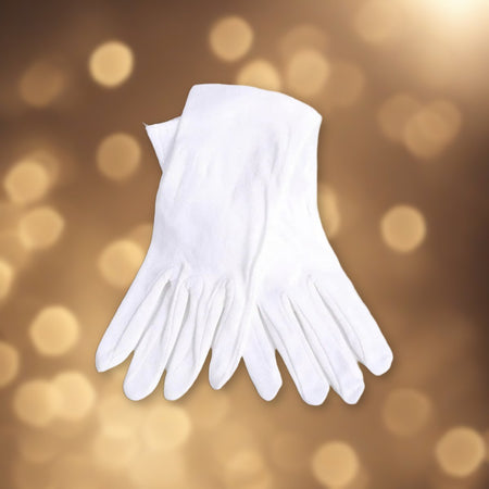 Plain White Cotton Worship Gloves - 2XL against soft golden light