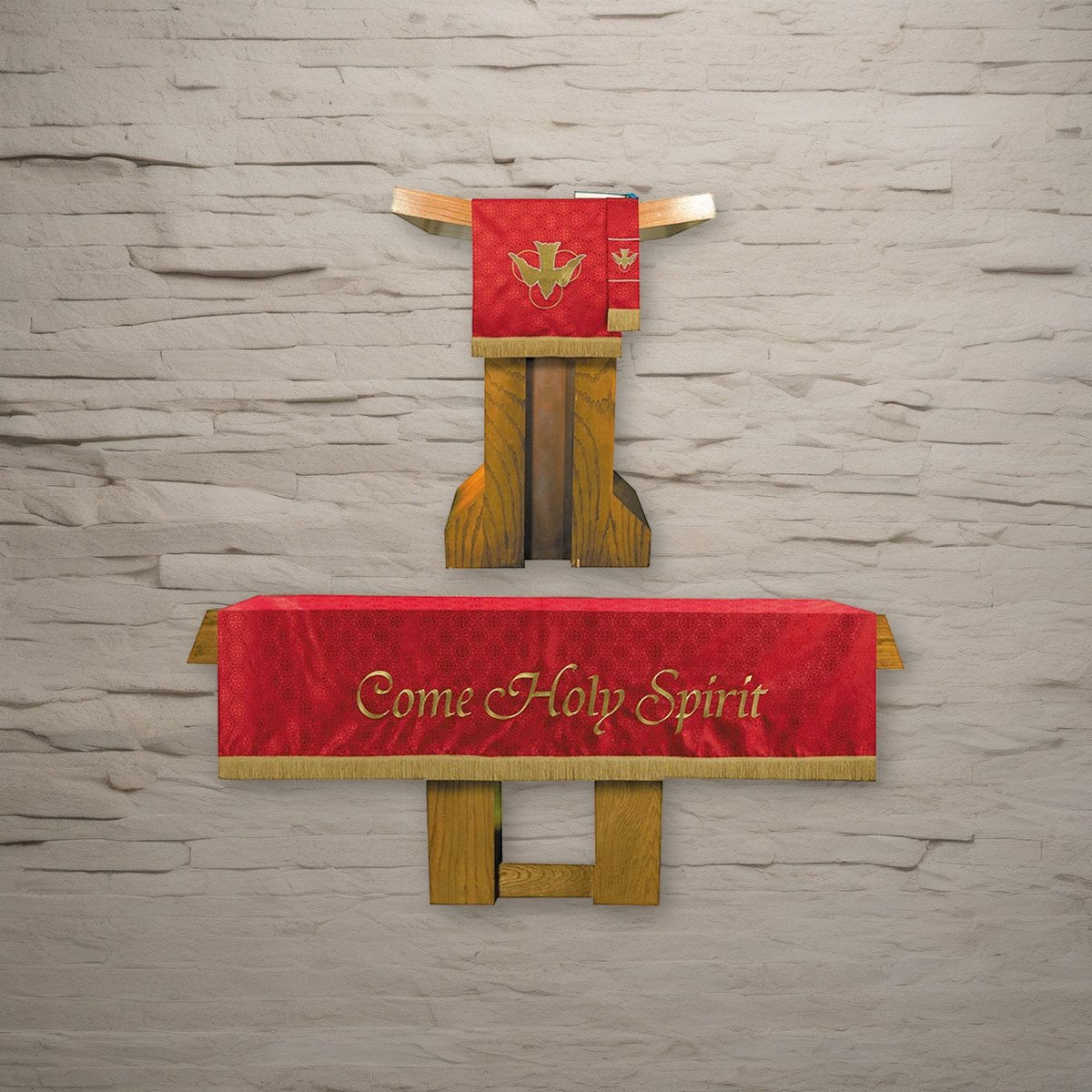 Three Piece Maltese Cross Jacquard Parament Set - Red on a stone background