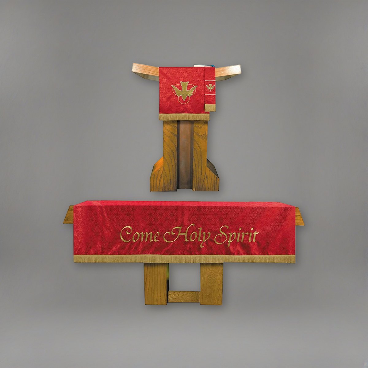 Three Piece Maltese Cross Jacquard Parament Set - Red on a soft grey backdrop