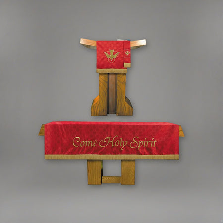 Three Piece Maltese Cross Jacquard Parament Set - Red on a soft grey backdrop