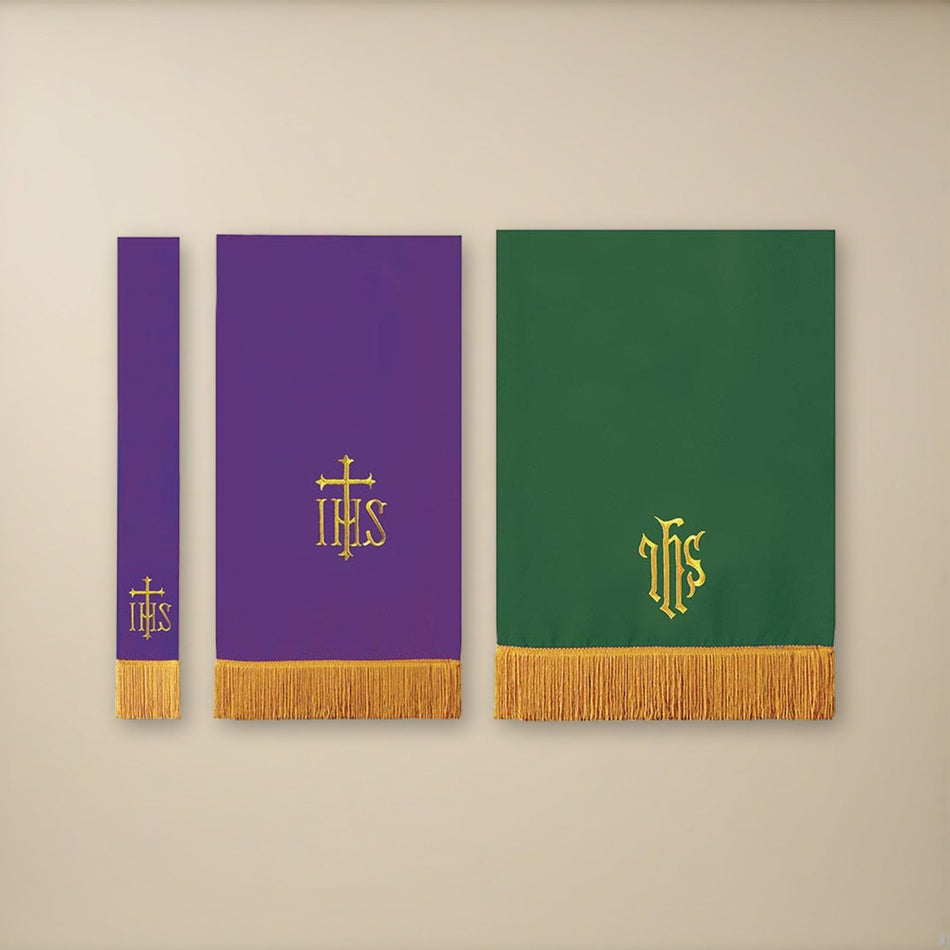 Three-Piece Parament Set - Hunter Green/Purple on a cream backdrop