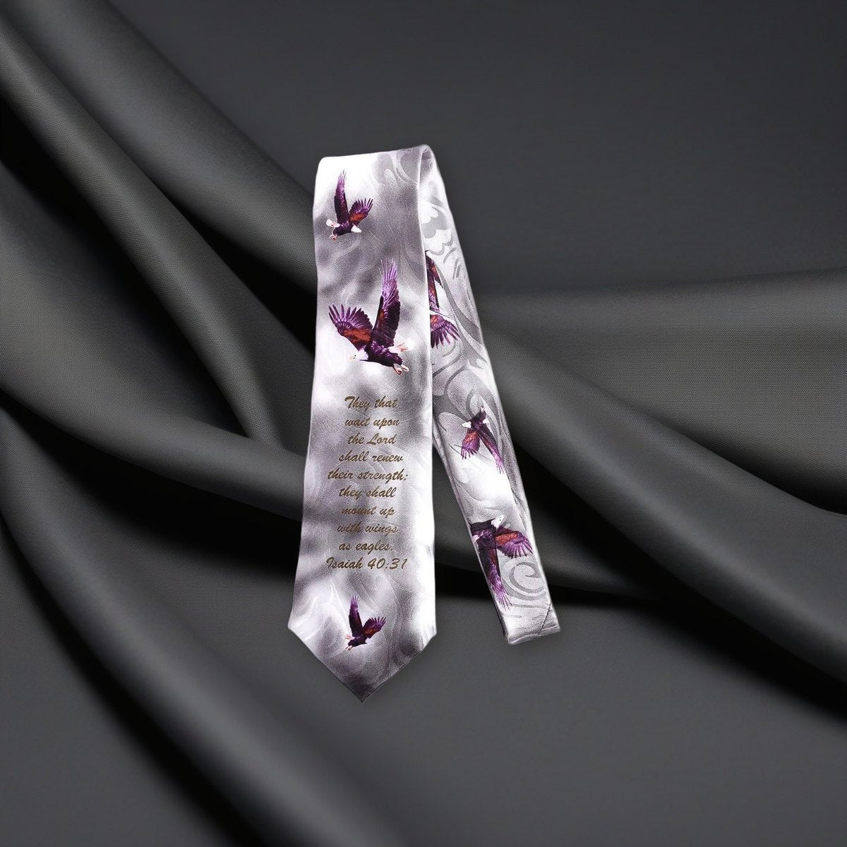 Tie Polyester - Isaiah 40:31 Eagles - Grey on a charcoal backdrop