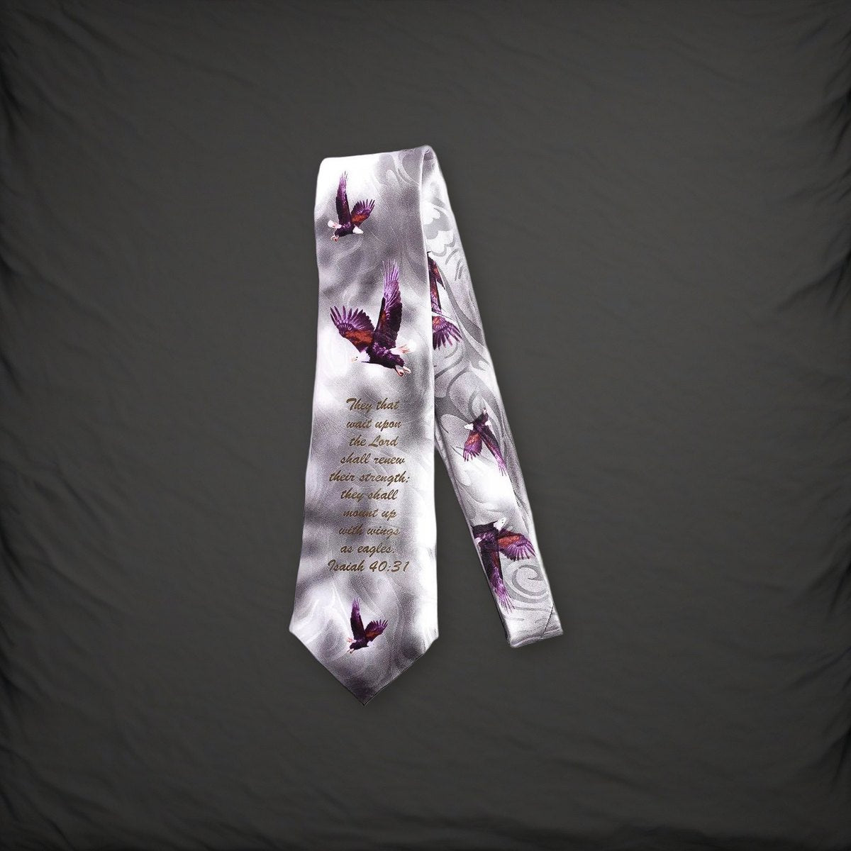 Tie Polyester - Isaiah 40:31 Eagles - Grey on a charcoal backdrop