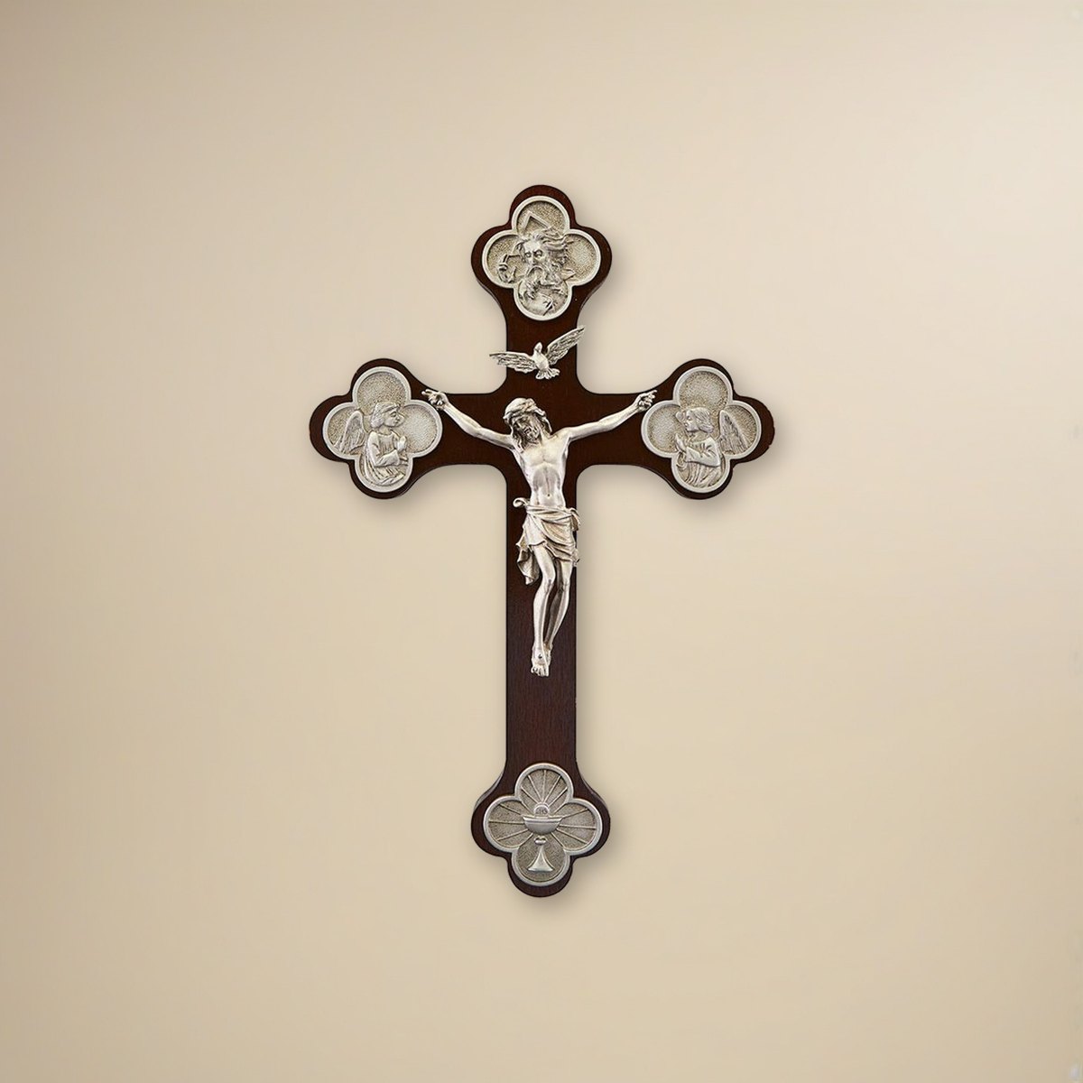Trinity Crucifix with Budded Cross on a cream backdrop