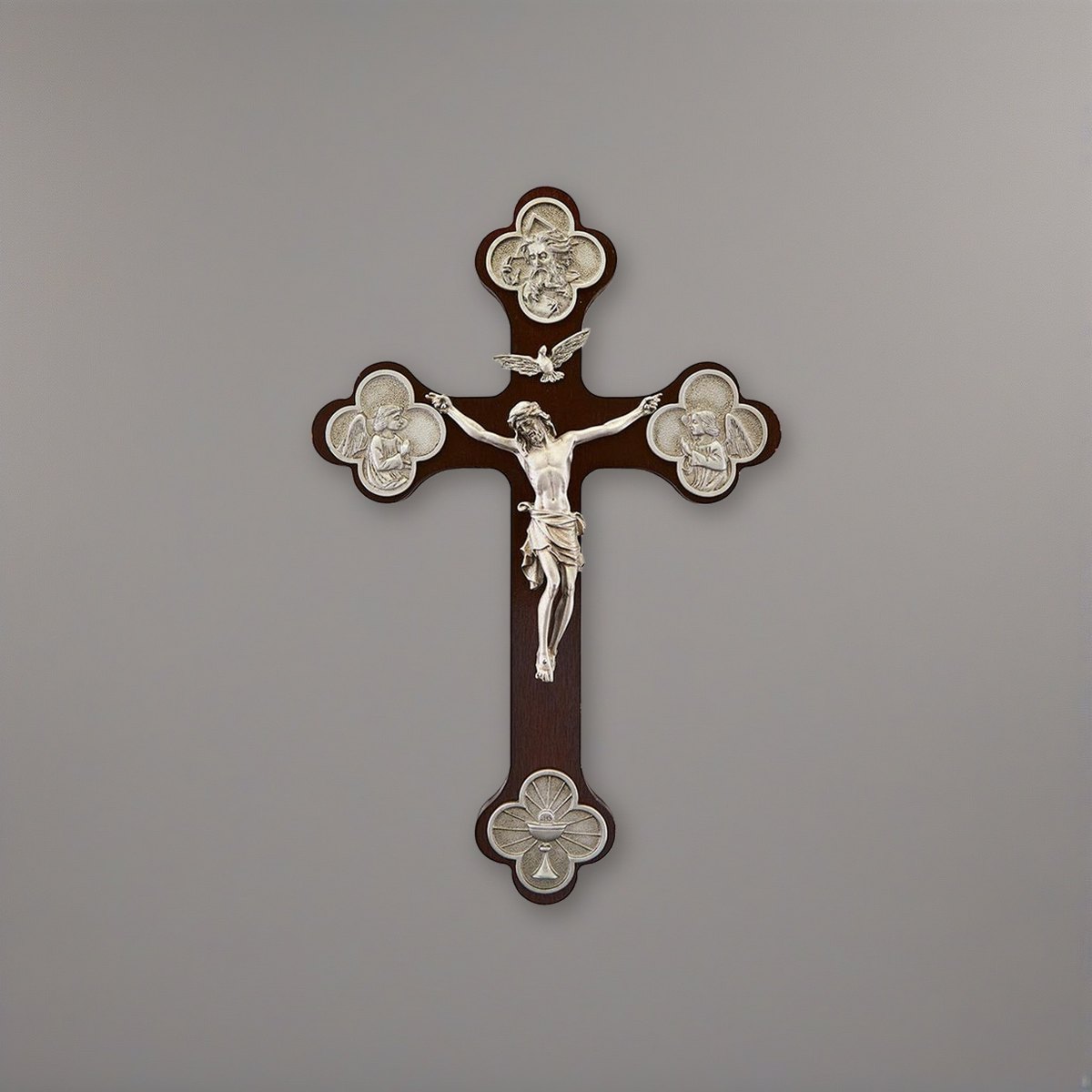 Trinity Crucifix with Budded Cross on a soft grey backdrop
