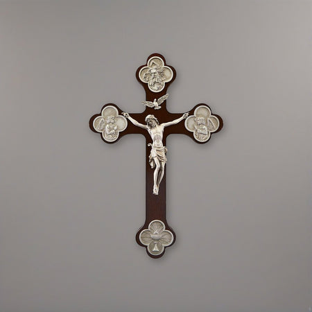 Trinity Crucifix with Budded Cross on a soft grey backdrop