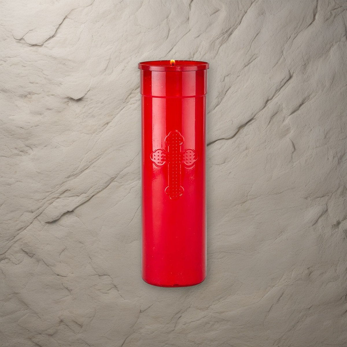 Will & Baumer 7-Day Red Offerlight Candles - 24 per Case on a stone background