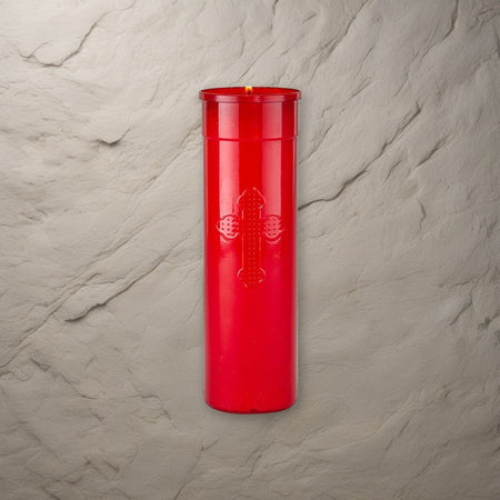 Will & Baumer 7-Day Red Offerlight Candles - 24 per Case on a stone background