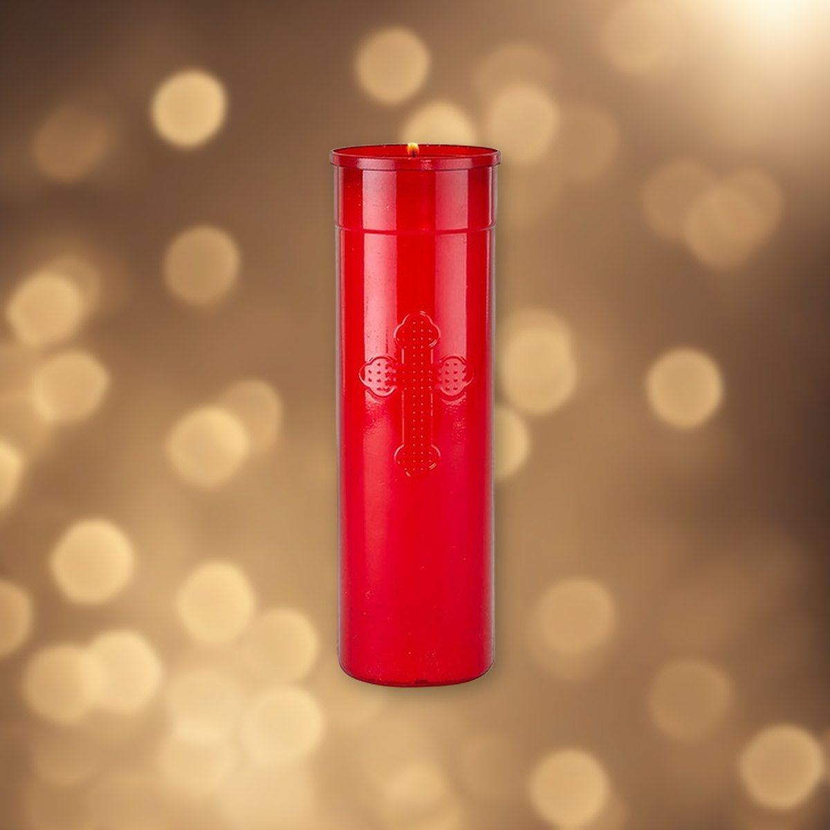 Will & Baumer 7-Day Red Offerlight Candles - 24 per Case against soft golden light