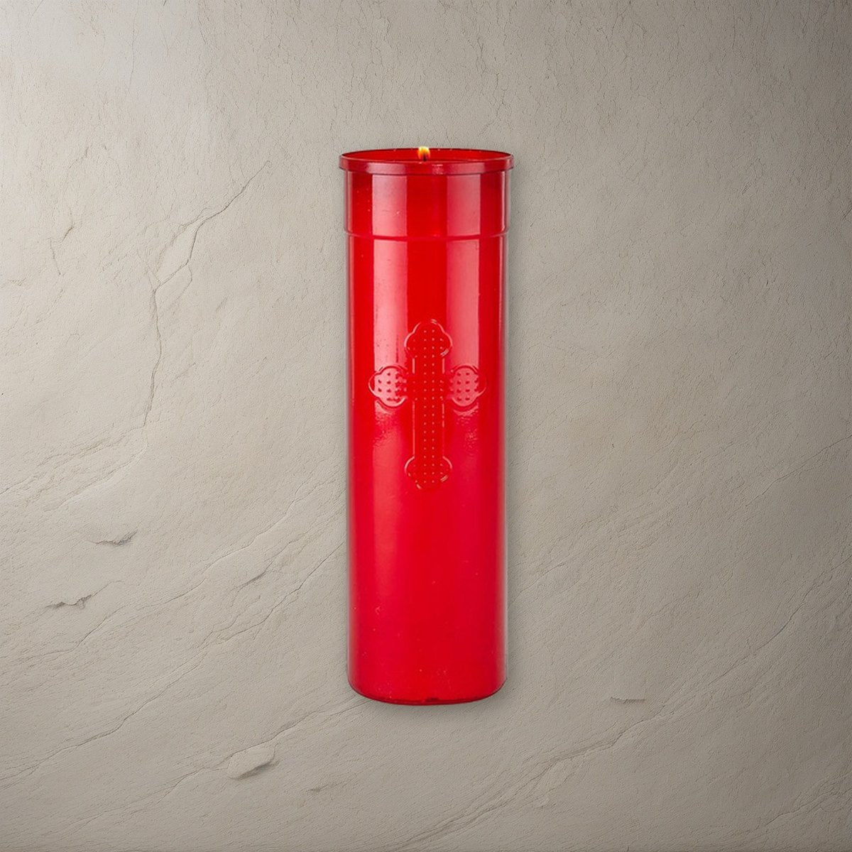 Will & Baumer 7-Day Red Offerlight Candles - 24 per Case on a stone background