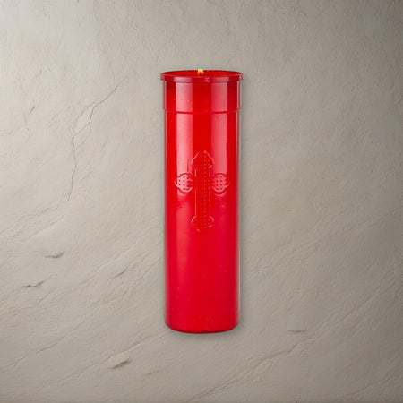 Will & Baumer 7-Day Red Offerlight Candles - 24 per Case on a stone background
