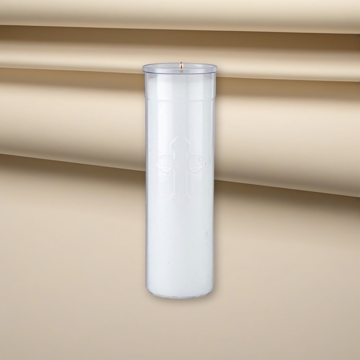Will & Baumer 7-Day Clear Offerlight Candles - 24 per Case on a cream backdrop
